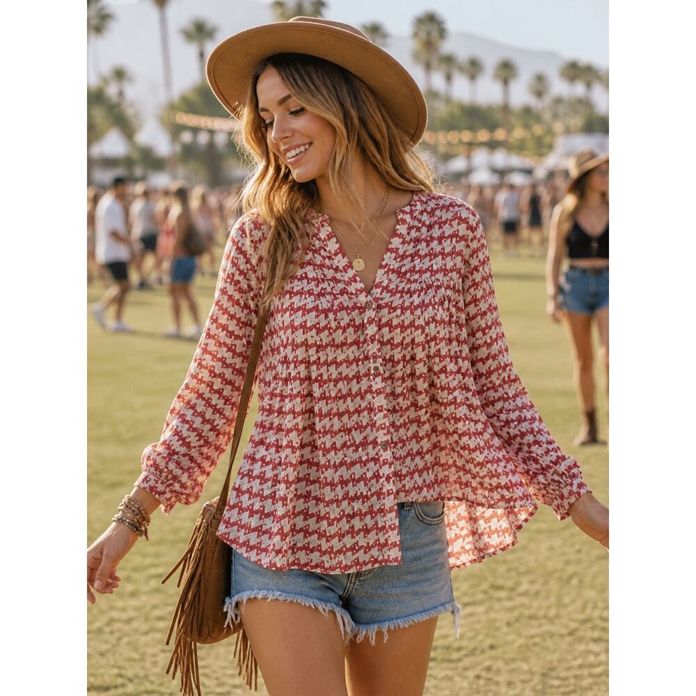 Anthro Maeve Red Boho Blouse Flowy Button Front Peasant Top Rayon XS Festival